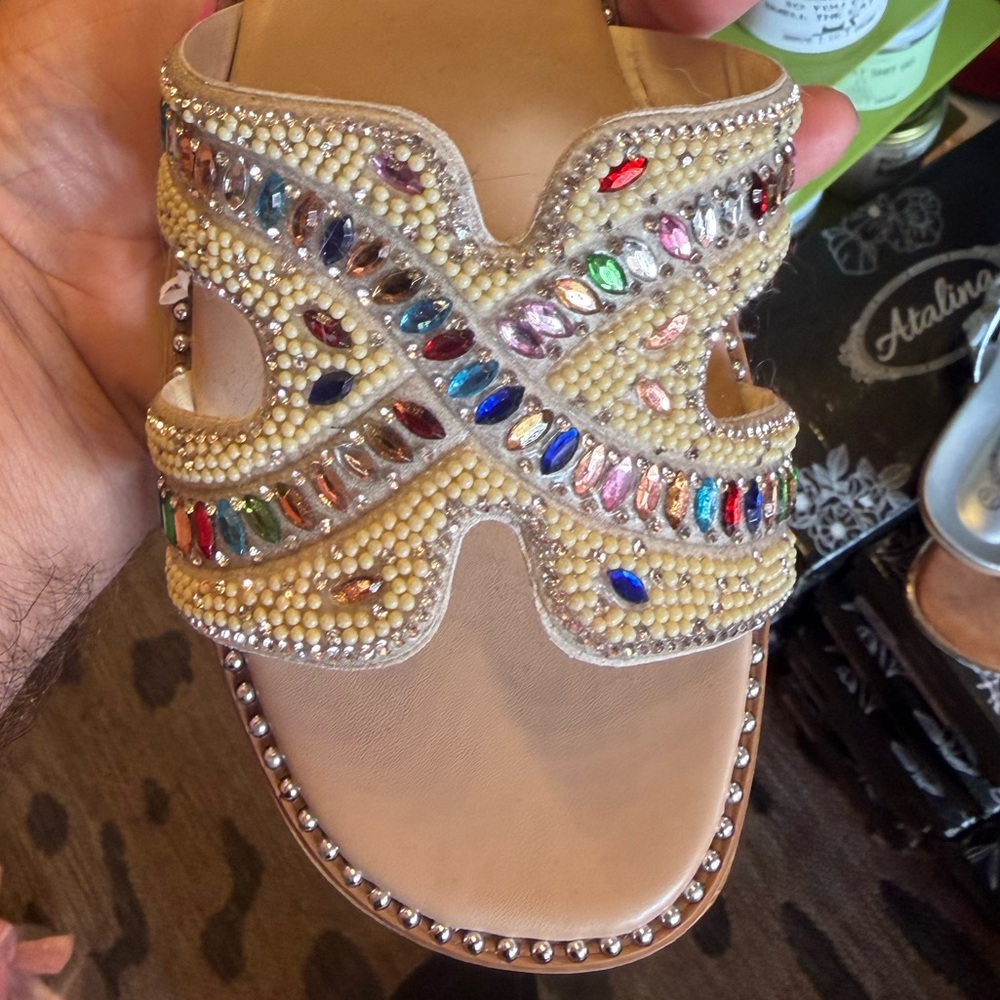 New! 2026 BEACHY Beige Multicolor Elegant Beaded Women's Flat Sandals
